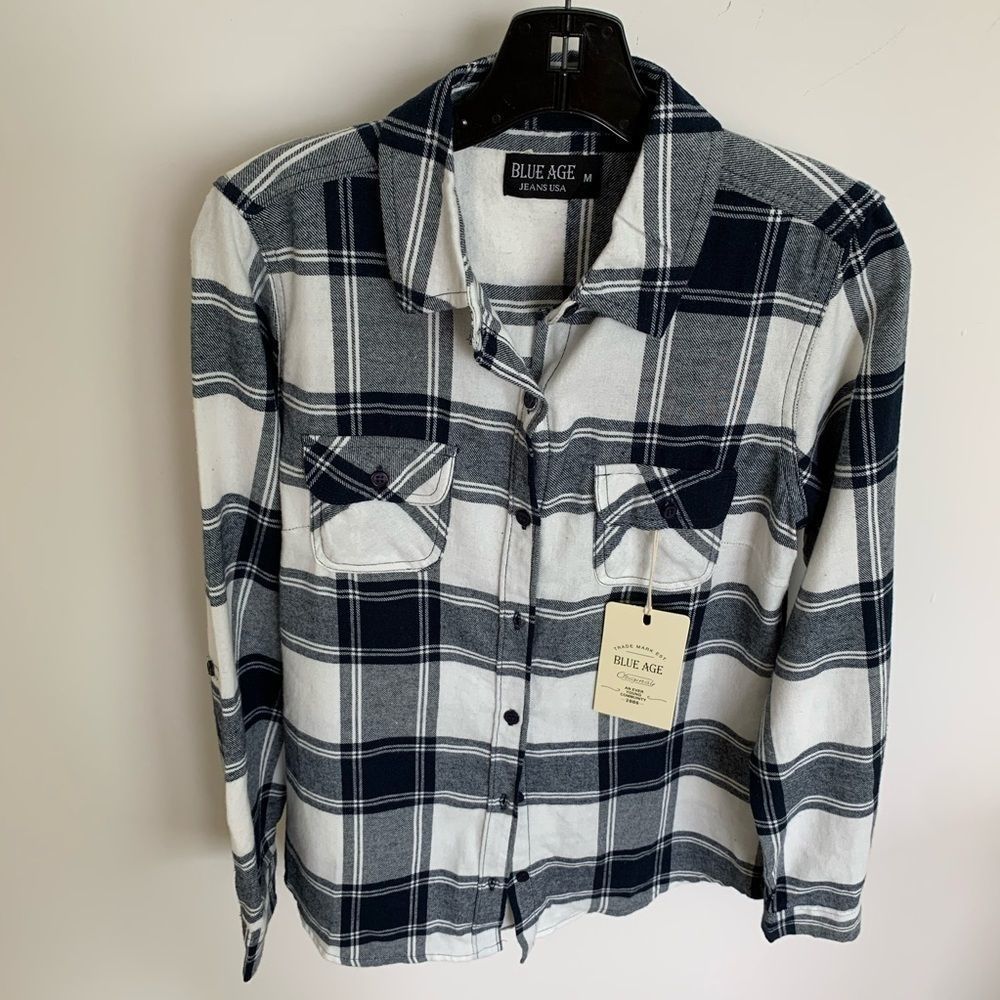 NWT Blue Age Jeans button up plaid shirt size M